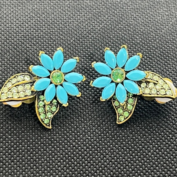 Heidi Daus Swarovski Crystal Blue Flower Clip Earrings RARE Signed Like New - Picture 2 of 11